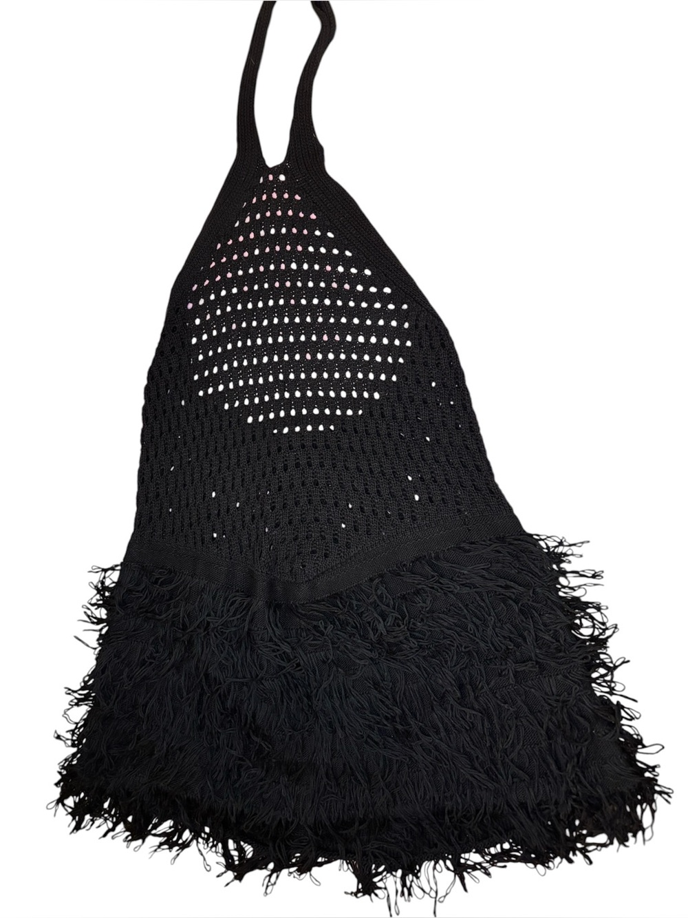 Musera Black Crochet Fringe Halter Mini Dress Boho Cover Up XL - Picture 5 of 14